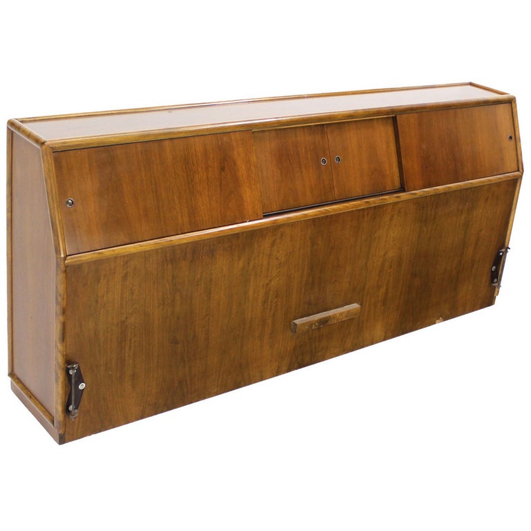 Mid-Century Modern Walnut King Headboard w/ Sliding Doors Compartment Cabinet For Sale