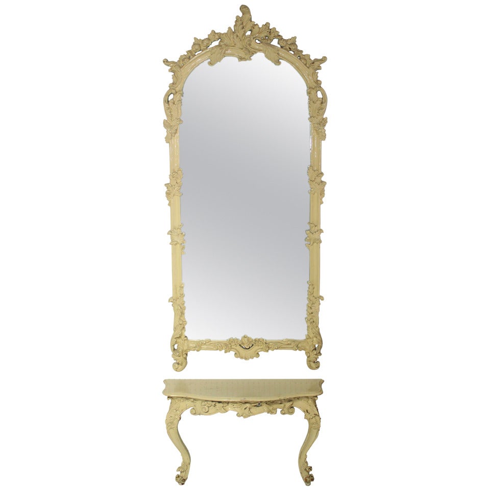 Carved Medium Size, Antique Pier Mirror with Small Console Table