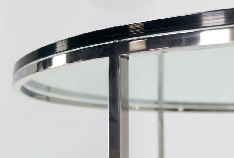 Very nice mid century modern chrome and glass round coffee table in style of M. Baughman. 48