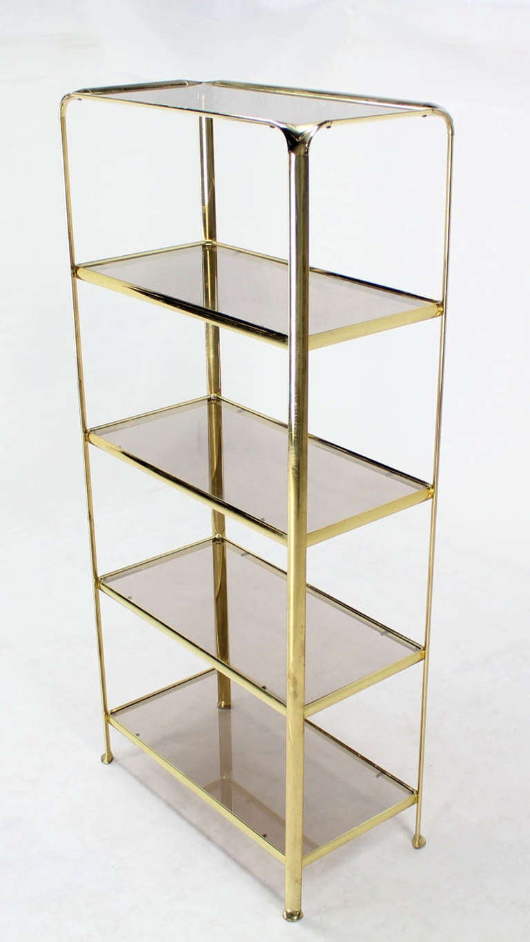 Mid Century Modern Five Tier Brass and Smoked Glass Etagere Shelving Unit In Excellent Condition In Rockaway, NJ