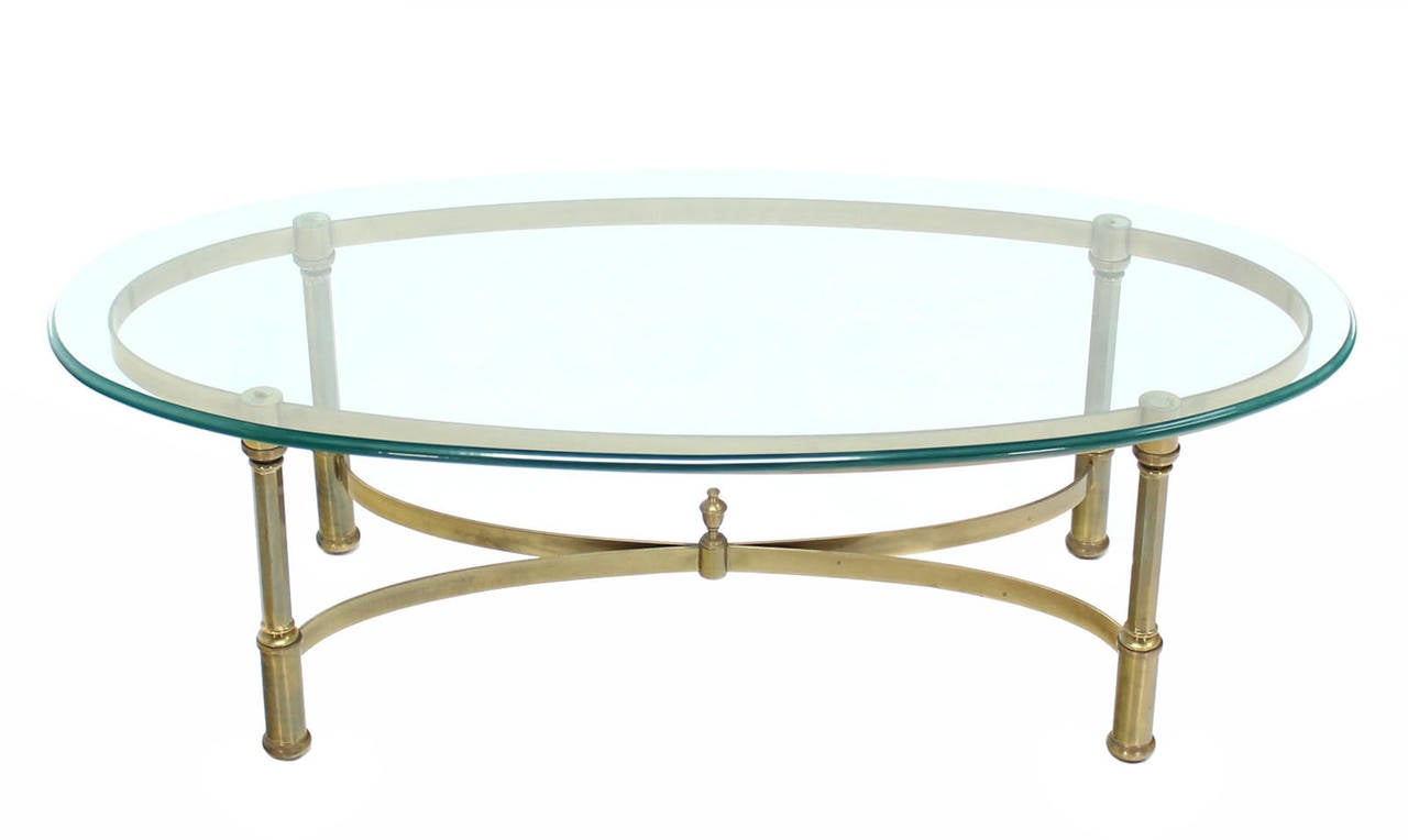 Mid-Century Modern Oval Brass and Glass Coffee Table in Style of Jansen