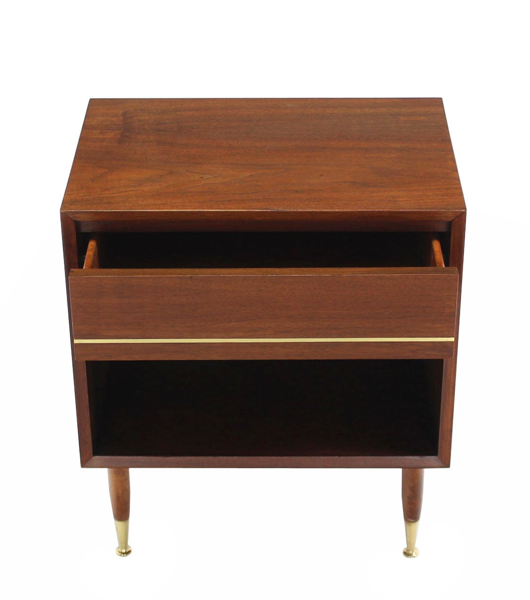 American Pair of Danish Modern One Drawer Night Stands Brass Tip Legs Cube Shape For Sale