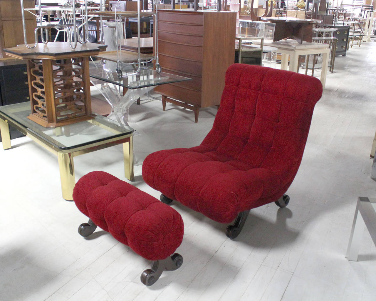 Very nice unusual shape red upholstery lounge chair.