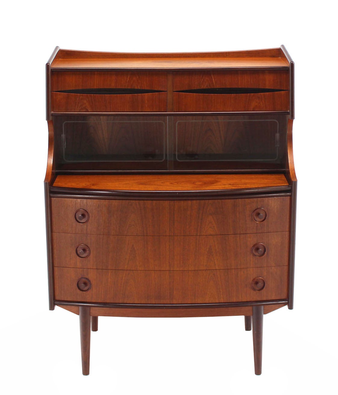 Danish Modern Teak Pull Out Desk Secretary or Bachelor Chest Bookcase Bow Front In Excellent Condition In Rockaway, NJ
