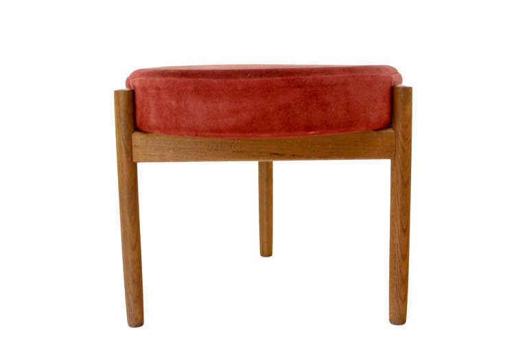 Danish Mid Century Modern Teak and Suede 3 Legged Stool Ottoman In Excellent Condition In Rockaway, NJ