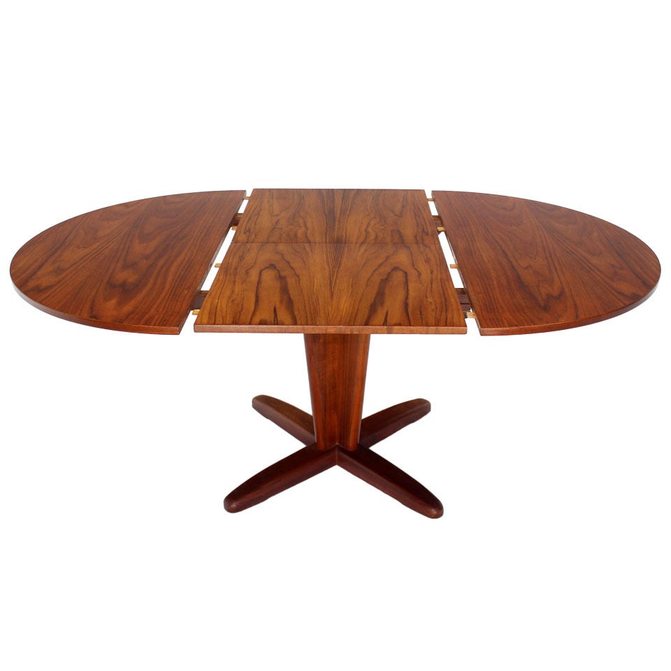 Danish Mid Century Modern Round Dining Table with Extendable Folding Leaf