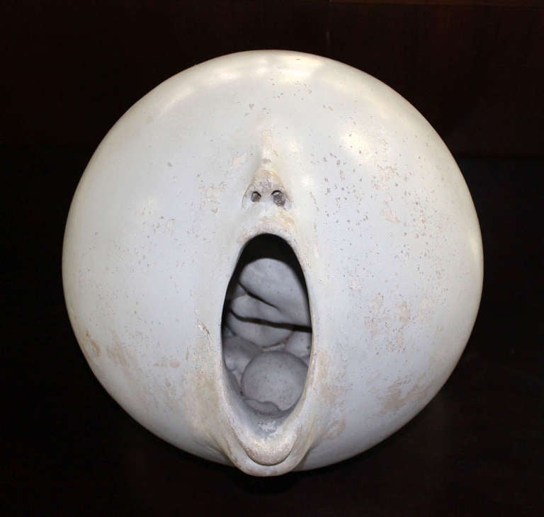 Mid-Century Modern Mid Century Modern Ball Shape Face Open Mouth Pottery Sculpture Signed 1972