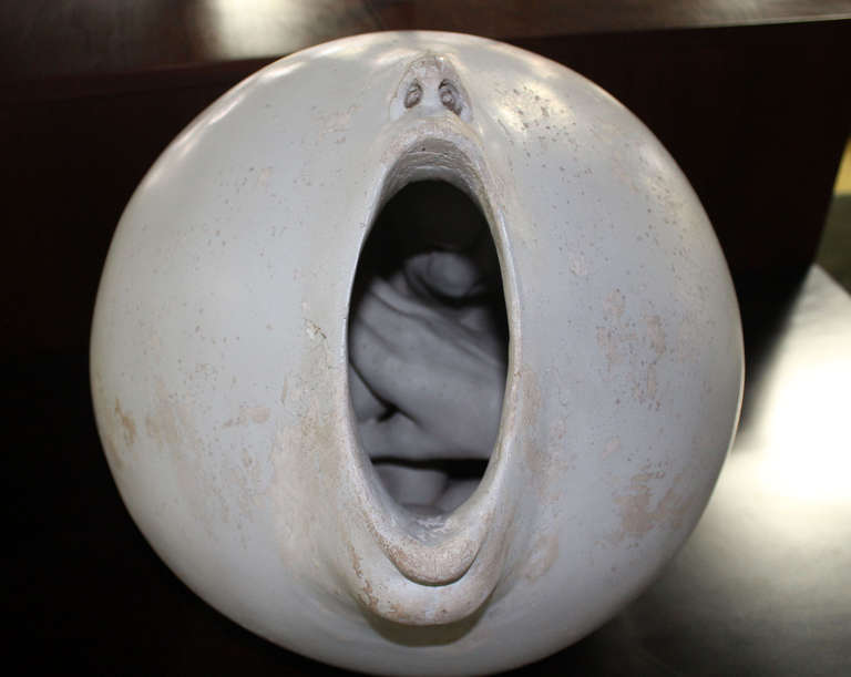 Fired Mid Century Modern Ball Shape Face Open Mouth Pottery Sculpture Signed 1972