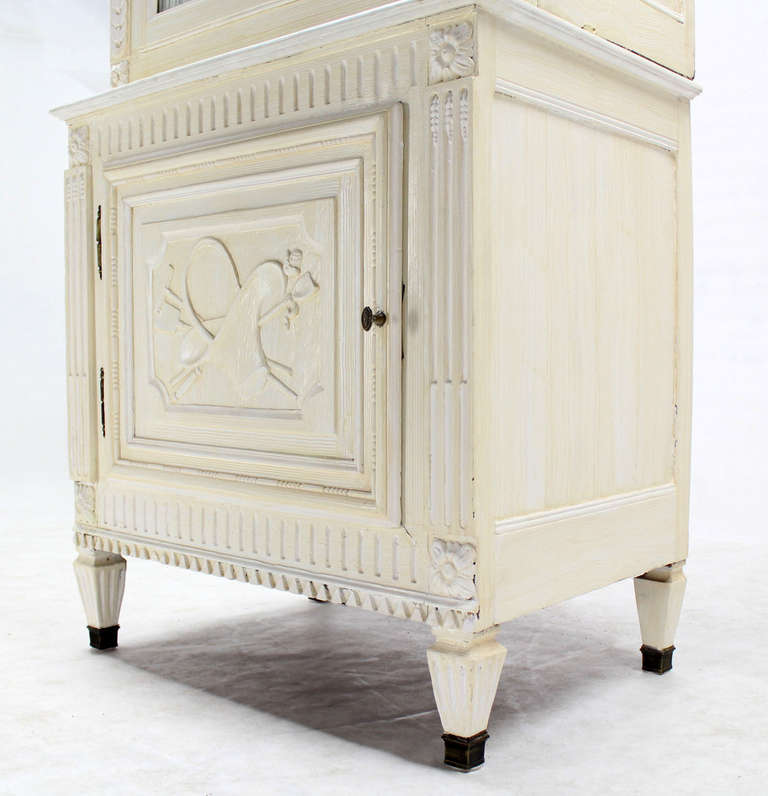 American Two Part Step Back Painted White Faux finish Cupboard Vitrine