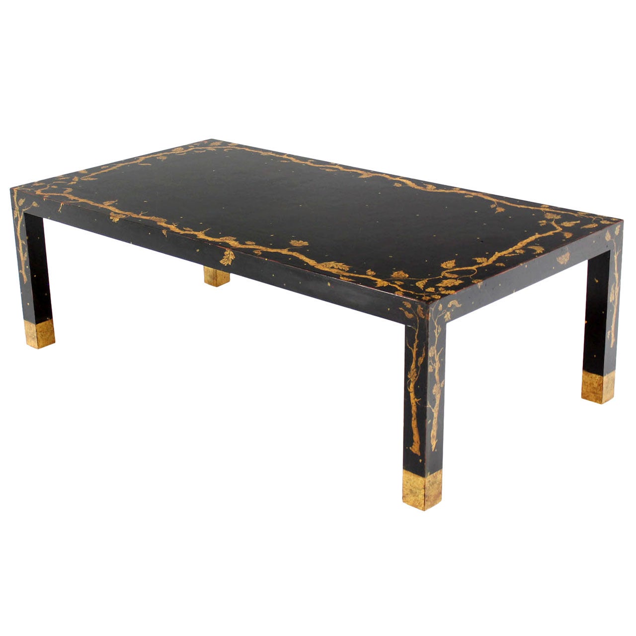 Art Decorated Ebonized Parsons Style Coffee Table