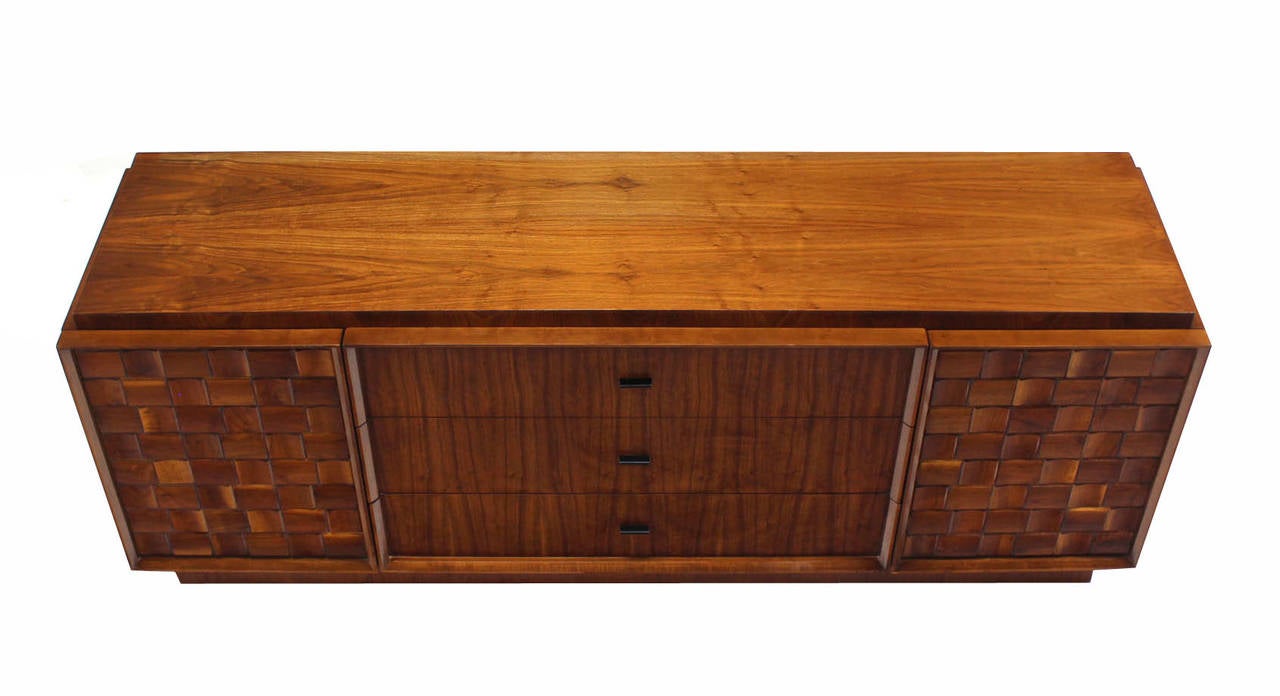 20th Century Walnut Credenza with Carved Basket Weave Pattern Doors