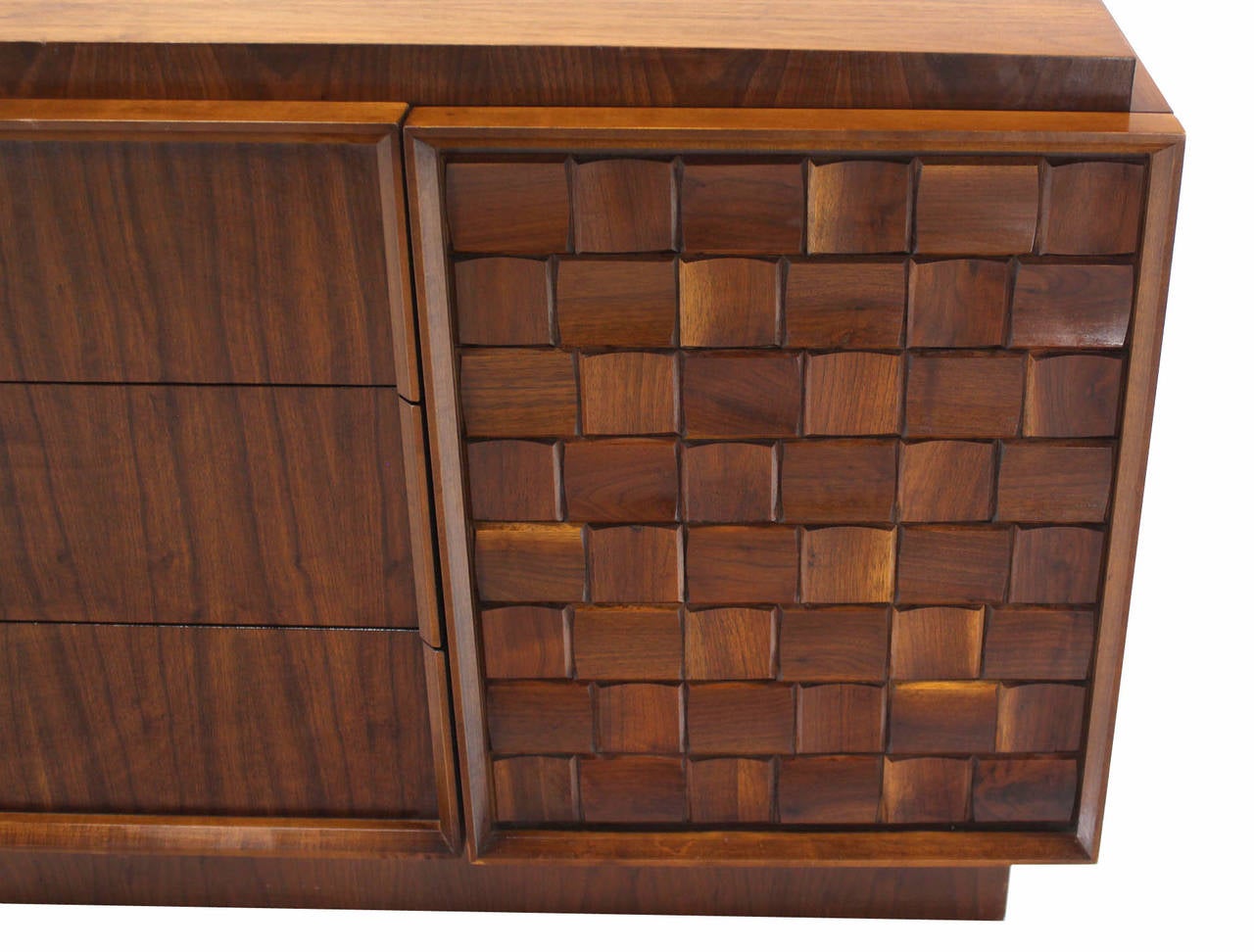 American Walnut Credenza with Carved Basket Weave Pattern Doors