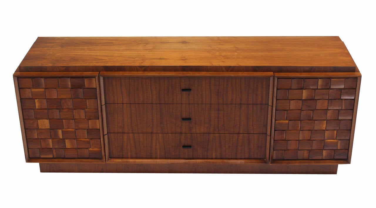Mid-Century Modern Walnut Credenza with Carved Basket Weave Pattern Doors