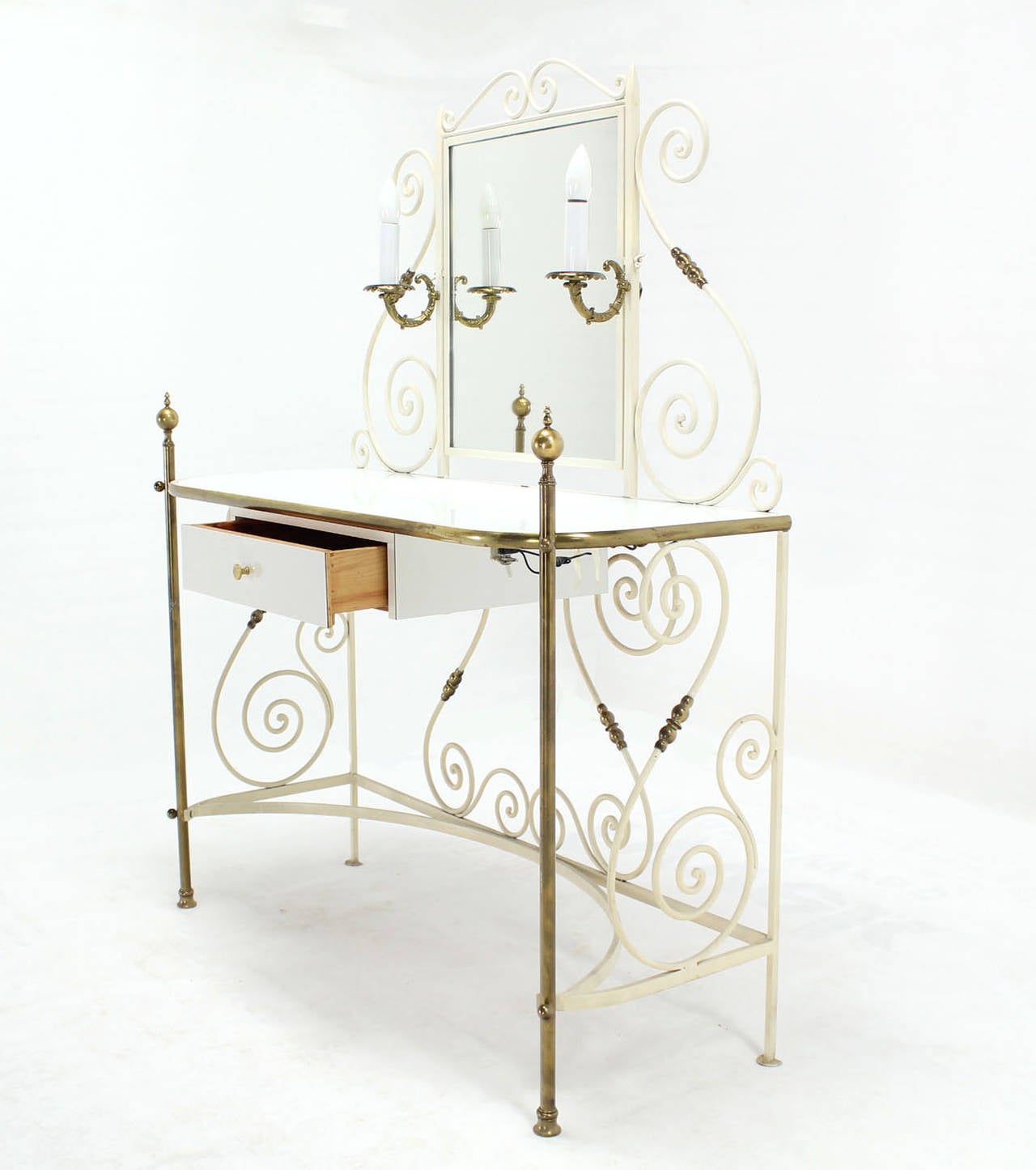 Mid-Century Modern Decorative Vanity Dressing Table Milk Glass Top Metal Scrolls Brass Hardware