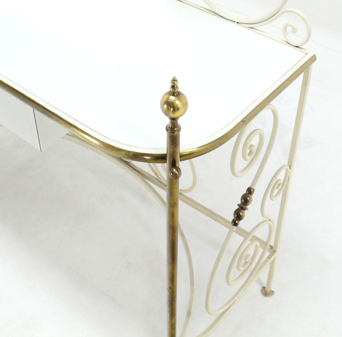 American Decorative Vanity Dressing Table Milk Glass Top Metal Scrolls Brass Hardware