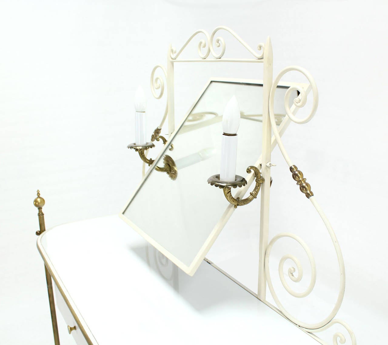 Decorative Vanity Dressing Table Milk Glass Top Metal Scrolls Brass Hardware In Excellent Condition In Rockaway, NJ