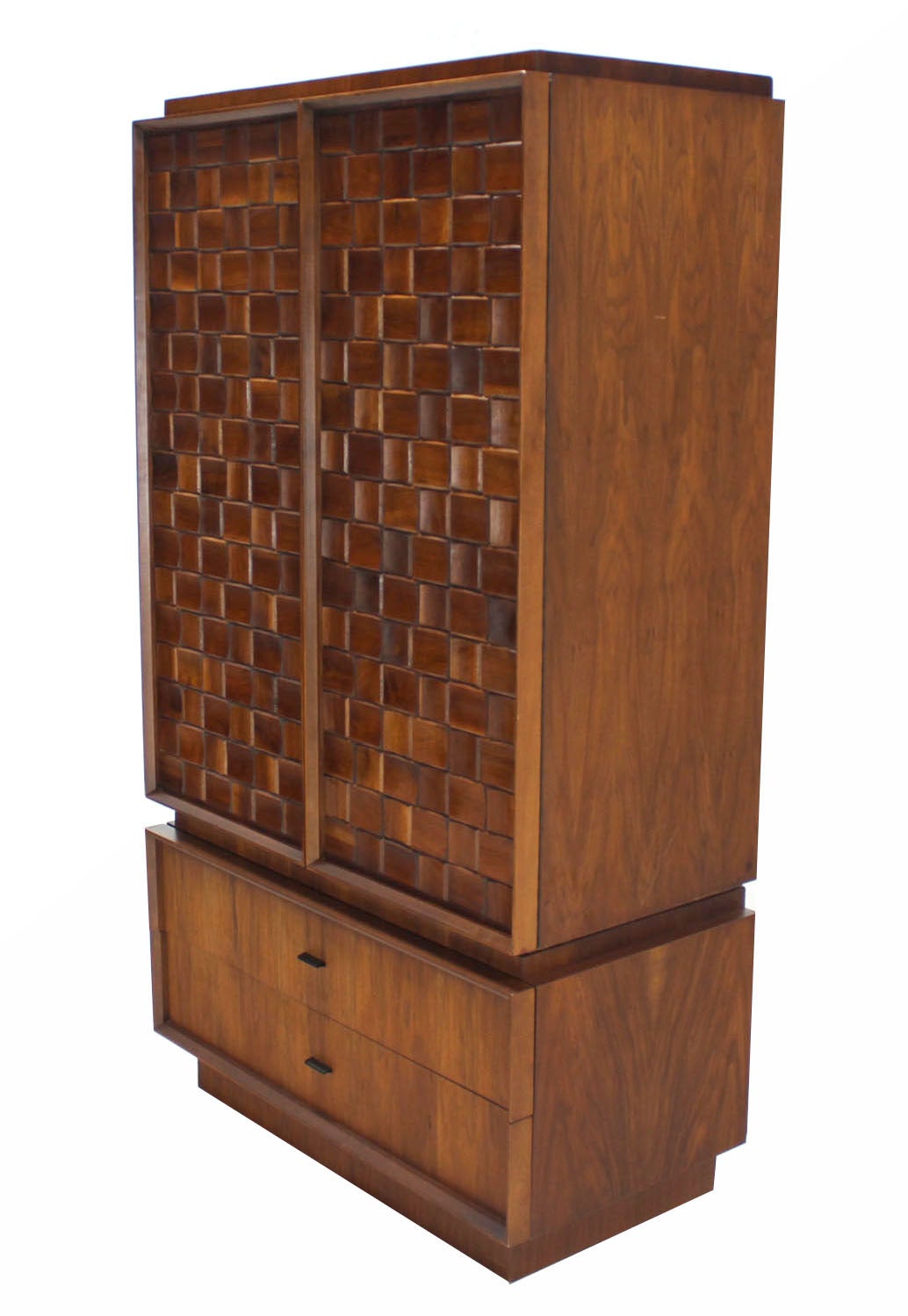 Carved lattice patch walnut Mid Century Modern gentlemen's chest dresser or cabinet in excellent original condition.