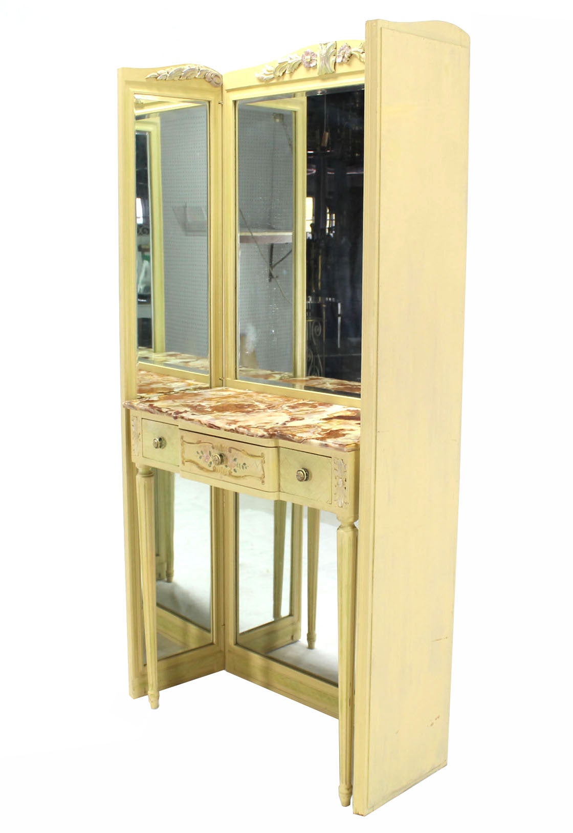 20th Century Tri-Fold Mirror Vanity with Onyx Top and Bench