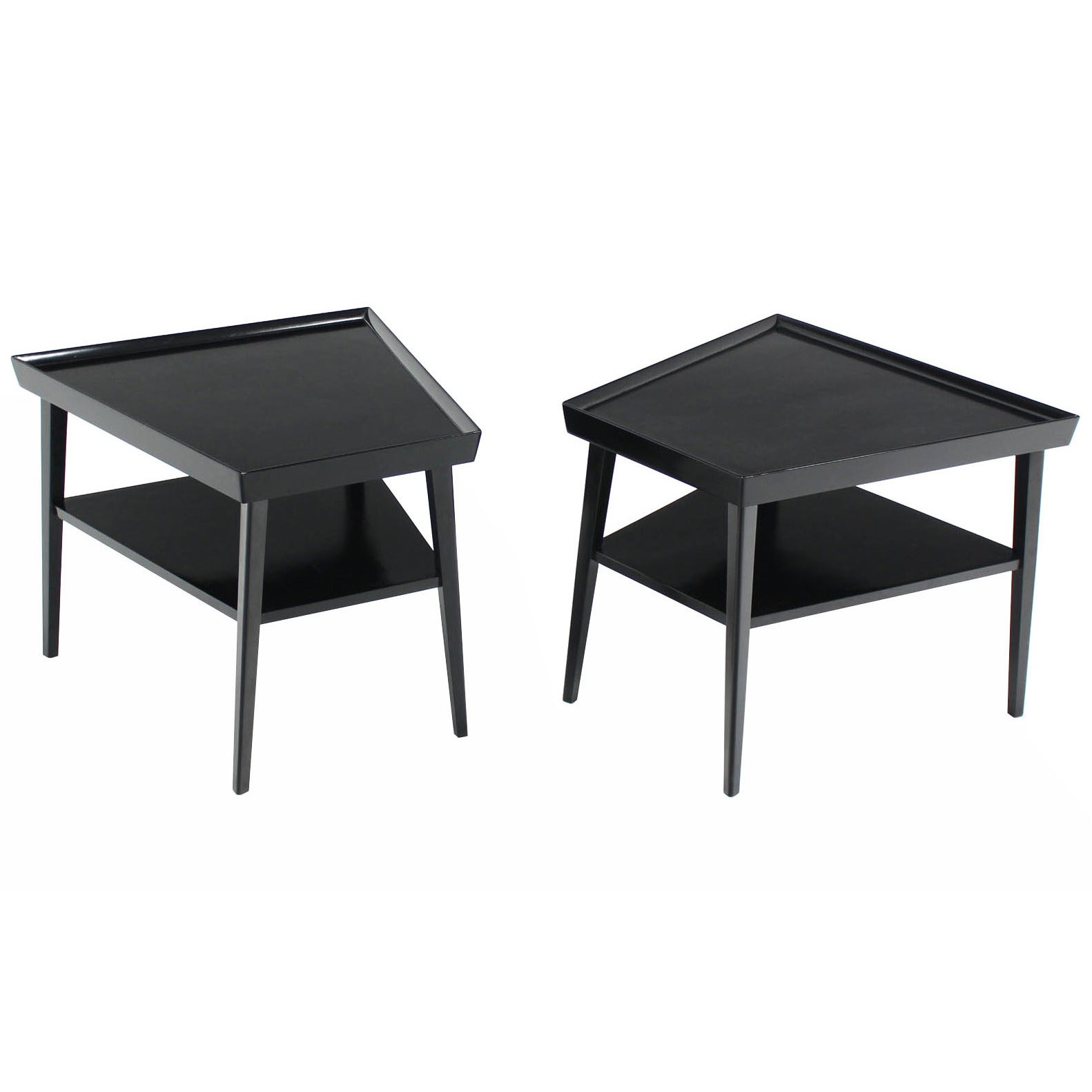 Pair of Black Lacquer Trapezoid Shape End Tables