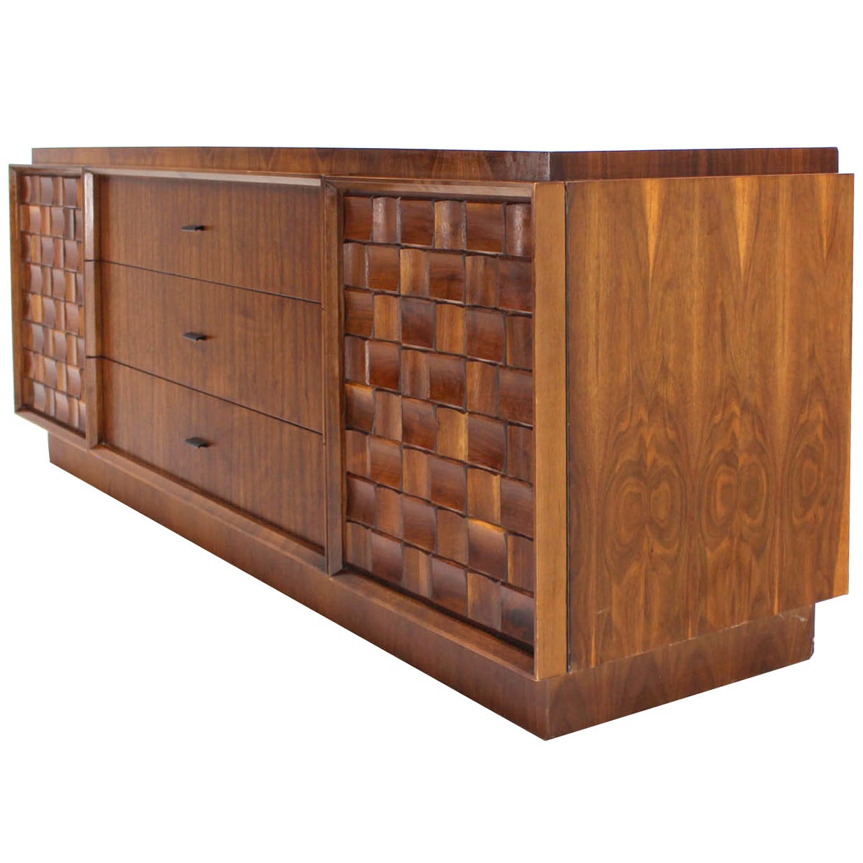 Walnut Credenza with Carved Basket Weave Pattern Doors