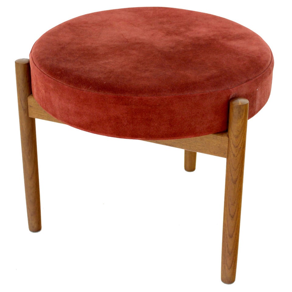 Danish Mid Century Modern Teak and Suede 3 Legged Stool Ottoman