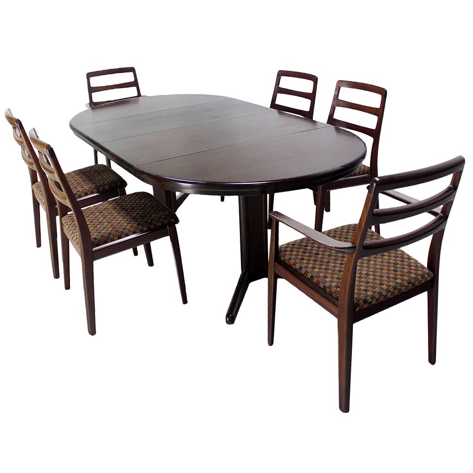 Danish Mid Century Modern Rosewood Round Dining Table Set with Six Chairs
