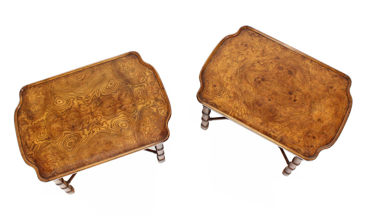 Pair of very nice burl wood pattern faux bamboo frame end tables by Heritage.