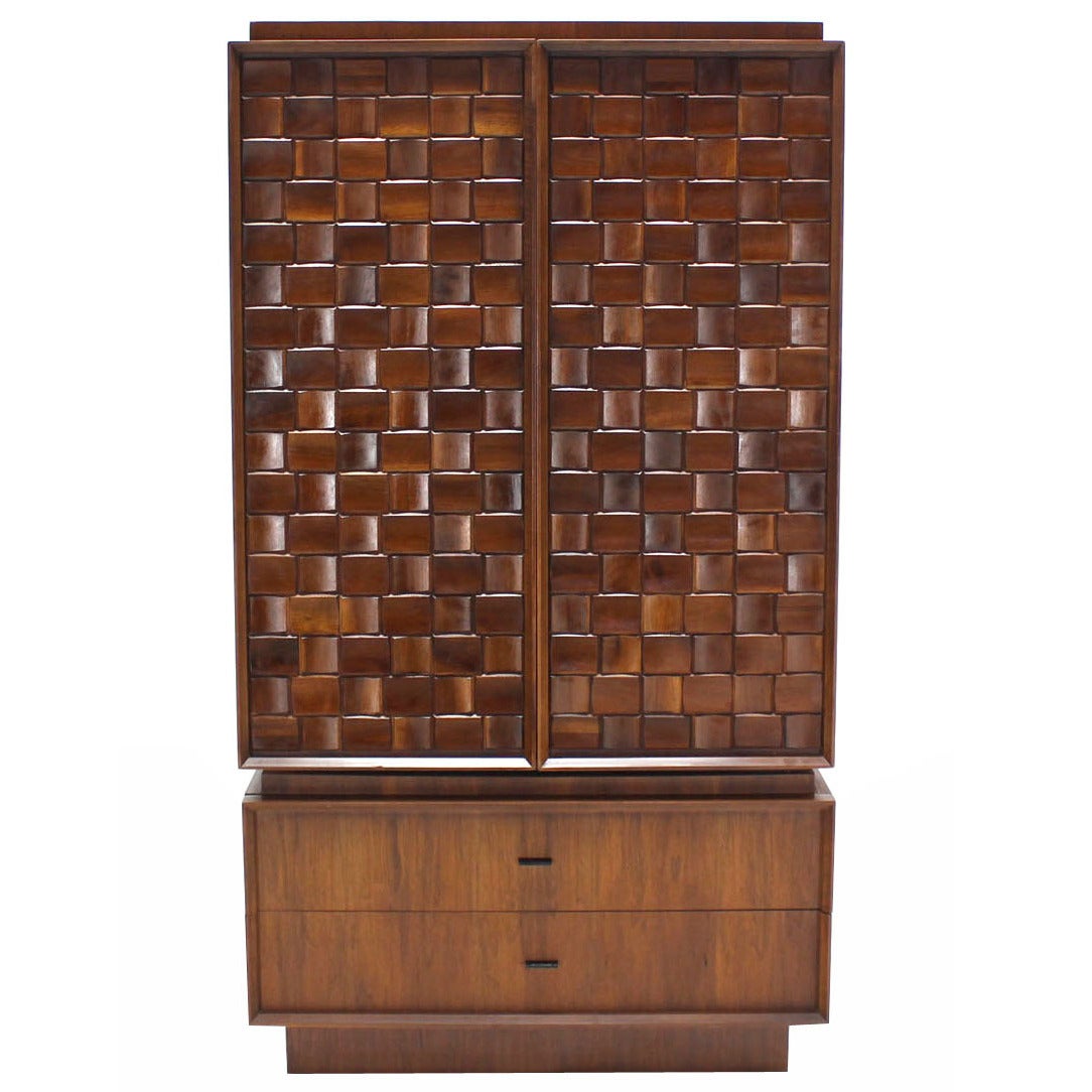 Oiled Walnut Carved Patch Work Doors Two Part High Chest Chifforobe Cabinet 