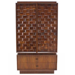 Oiled Walnut Carved Patch Work Doors Two Part High Chest Chifforobe Cabinet 