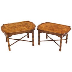 Pair Faux Bamboo Burl Wood Top End Side Tables Stands by Heritage 9