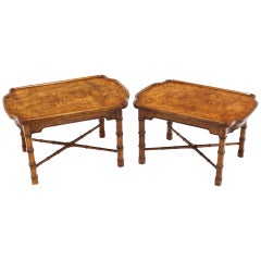 Vintage Pair Faux Bamboo Burl Wood Top End Side Tables Stands by Heritage 