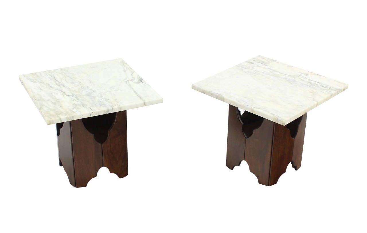 Pair of Mid-Century Modern Walnut Base Square Marble Top End Side Tables 2