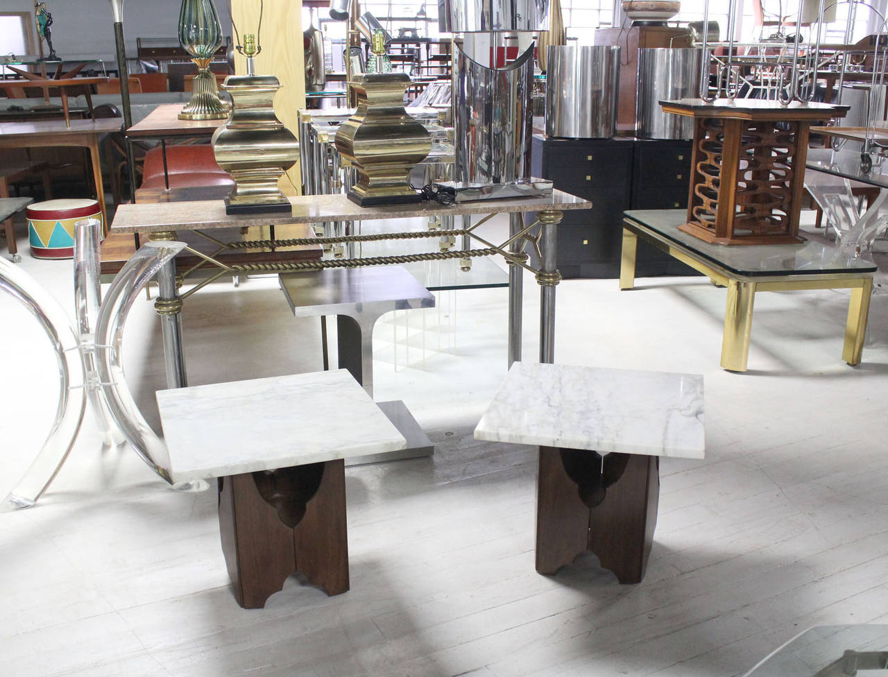 Pair of nice Mid-Century Modern walnut bases marble tops end tables.
