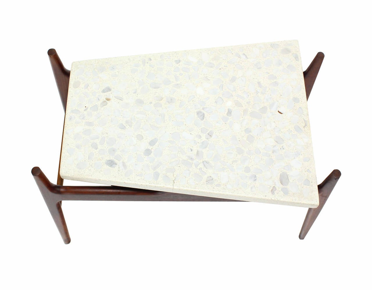 Lacquered Unusual Trapezoid Travertine Terrazzo Top Walnut Base End Side Table