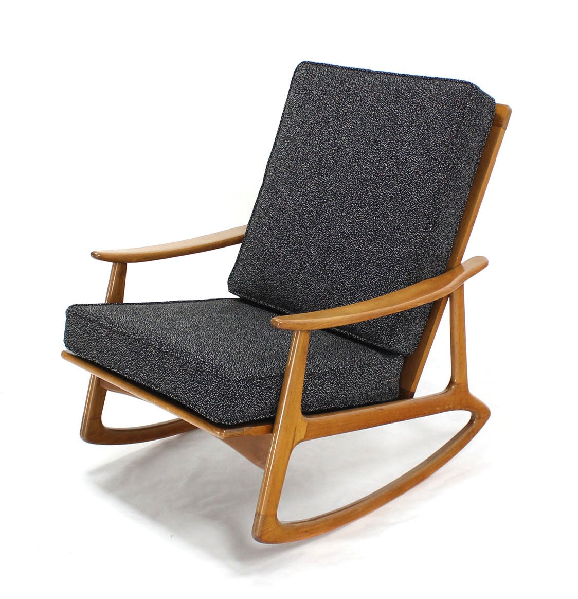 New charcoal fabric upholstery Danish Mid-Century Modern rocking lounge chair.
