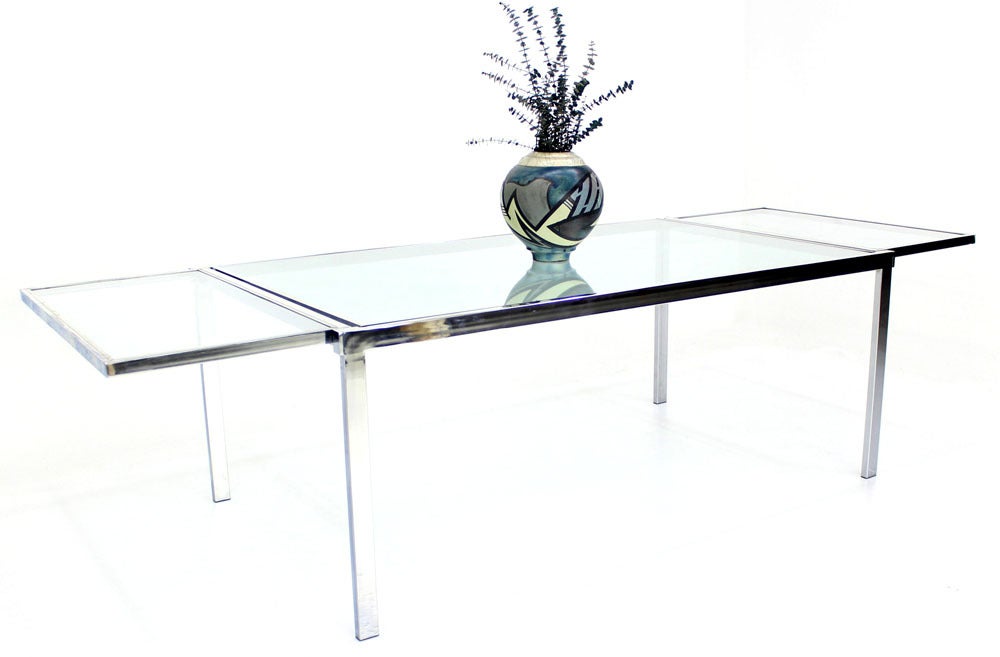 Chrome Glass Dining Conference Table with Drop Leaf Extensions Self Containing 1