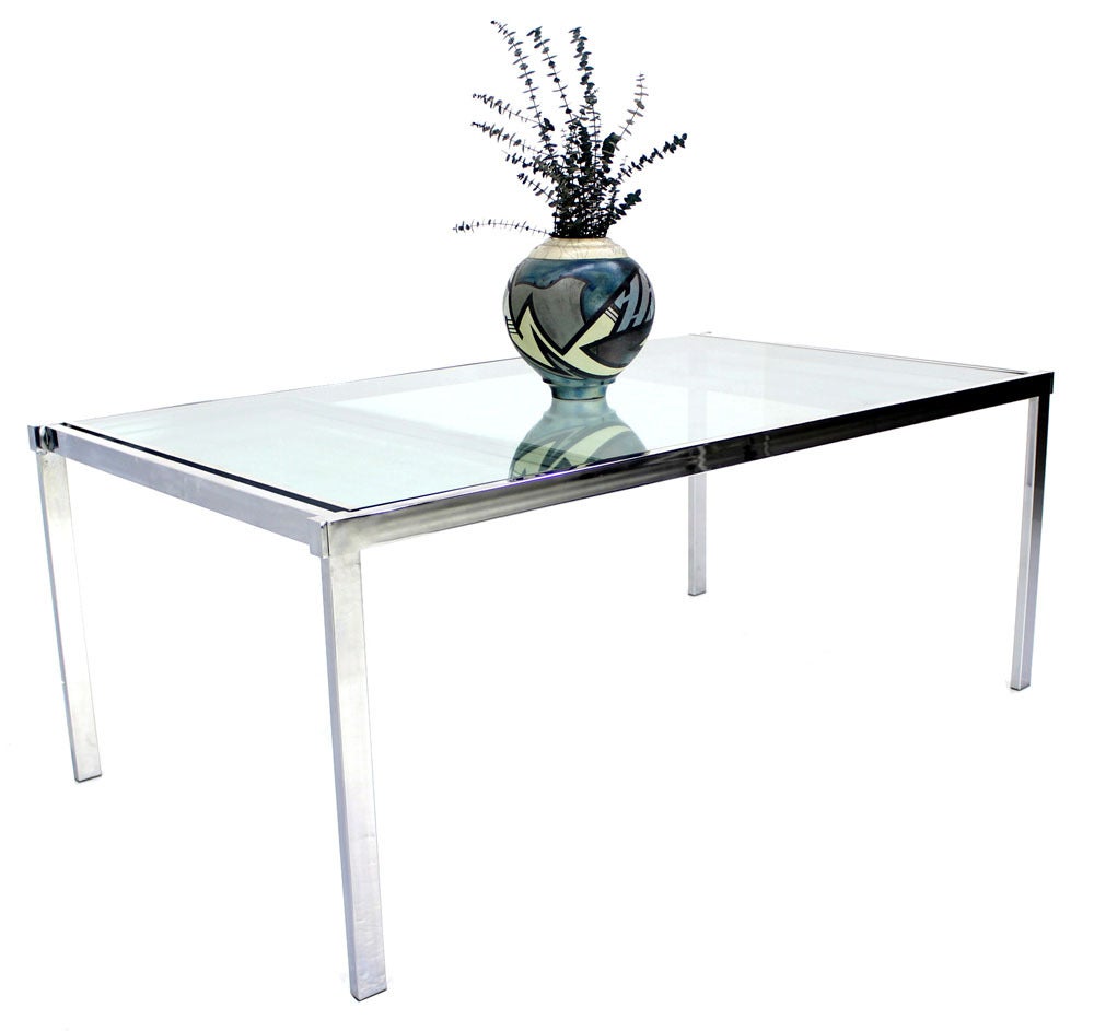 Mid-Century Modern Chrome Glass Dining Conference Table with Drop Leaf Extensions Self Containing