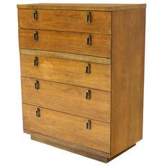 Mid-Century Modern Concave Front Blond High Chest Dresser with Brass Pulls