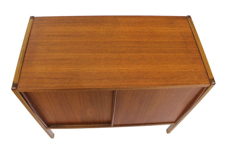 Swedish Mid Century Danish Modern Teak Petit Credenza Cabinet w/ Sliding Doors