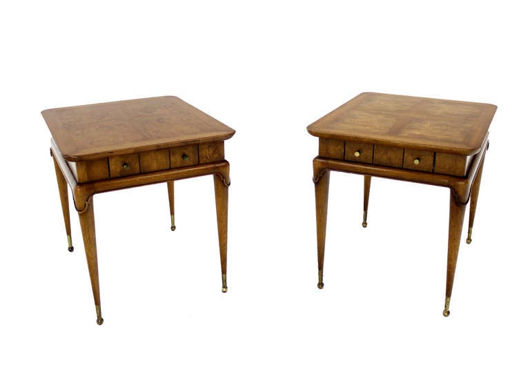 Pair of Modern Burl Walnut End Side Tables Stands by Weiman.