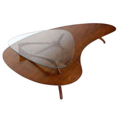 Mid-Century Modern, Kidney Organic Shape, Walnut Coffee Table with Glass Top