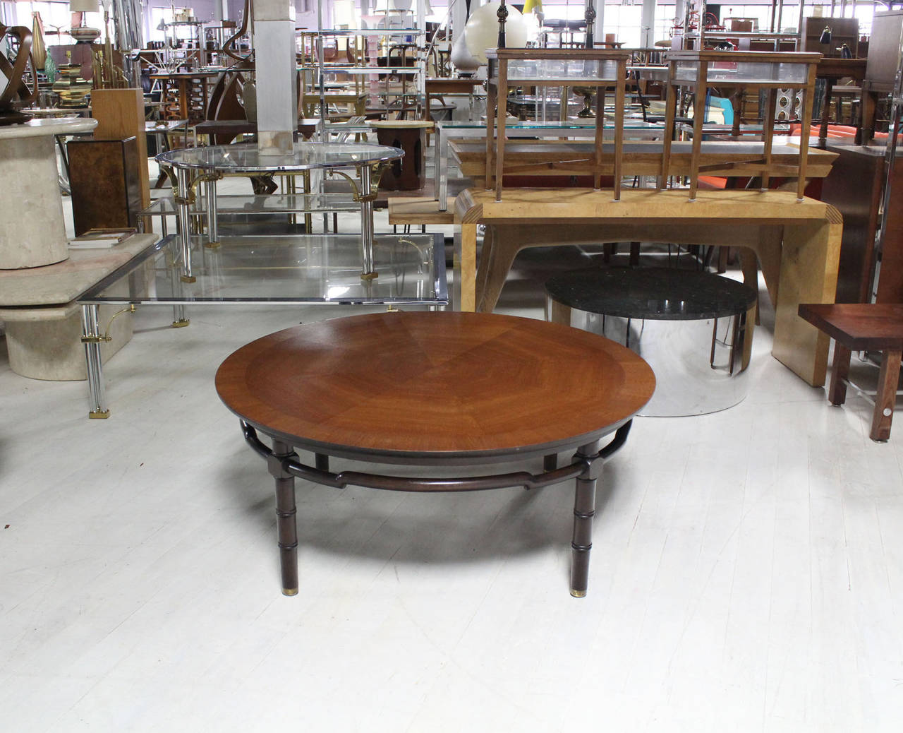Round Coffee Table with Ebonized Faux Bamboo Leg Figural Stretcher