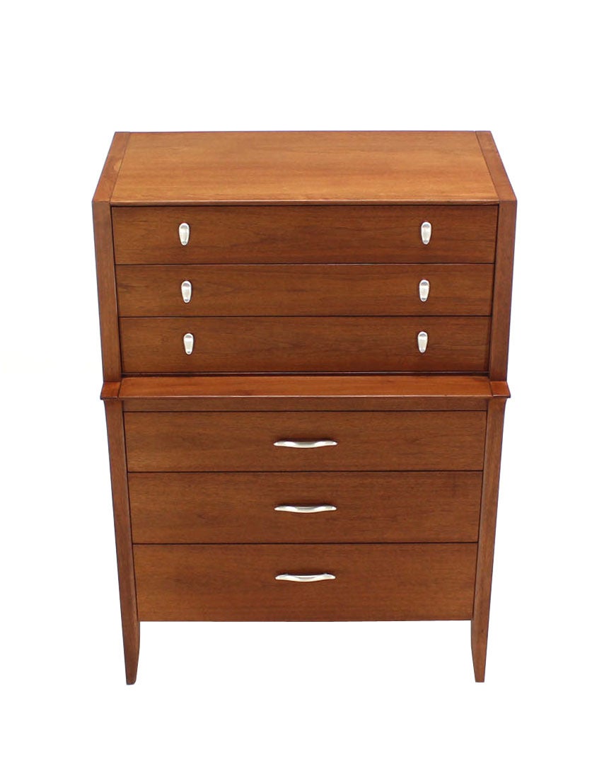 Mid-Century Modern Walnut High Chest of Drawers Silver Pulls by Drexel