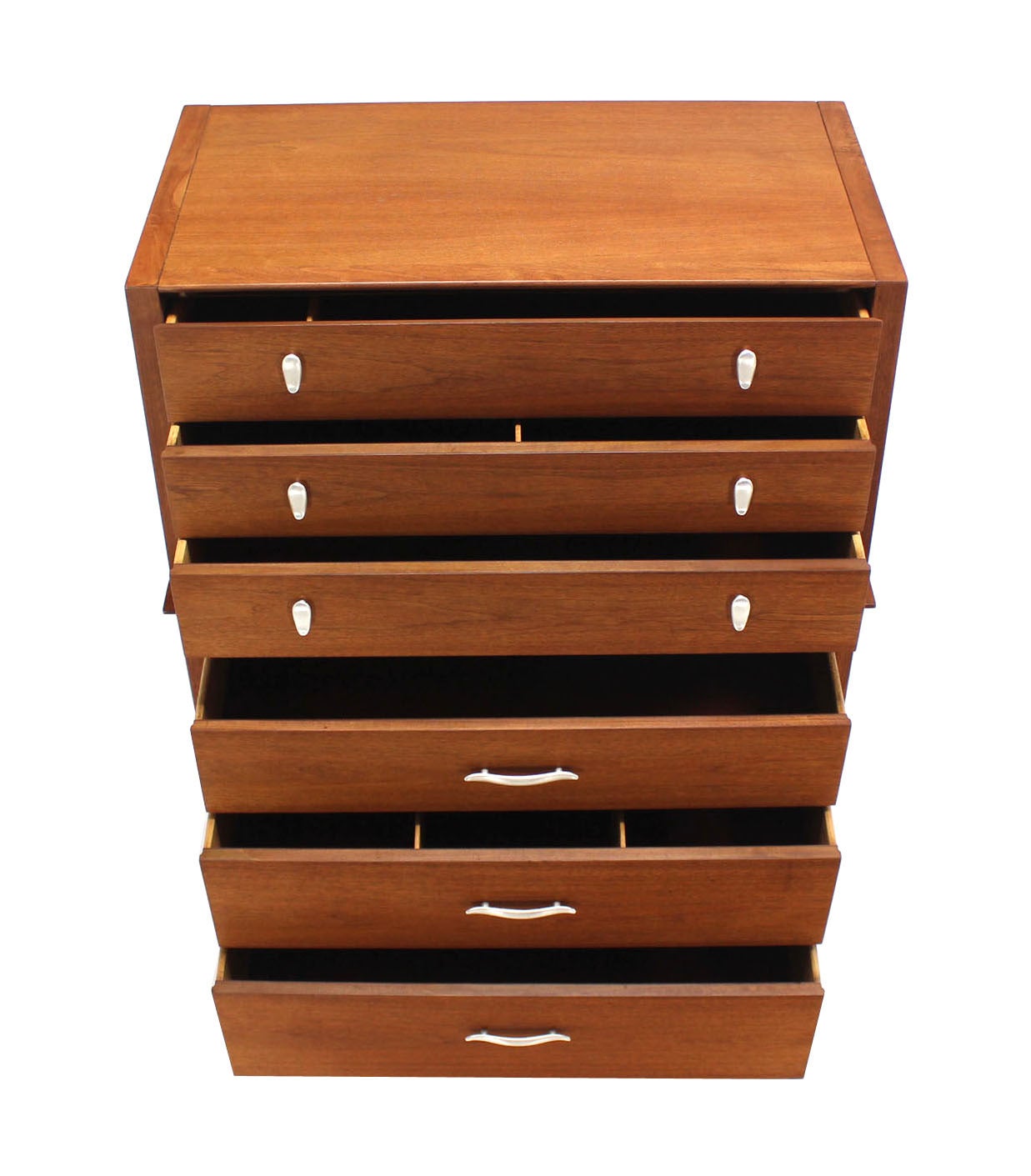 Walnut High Chest of Drawers Silver Pulls by Drexel In Excellent Condition In Rockaway, NJ