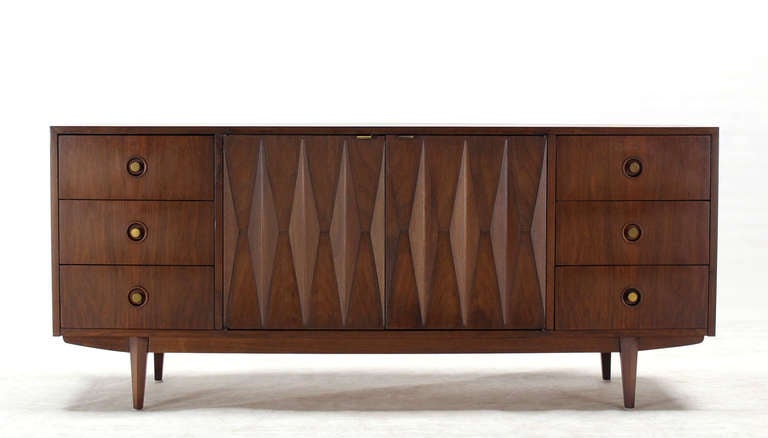 Mid-Century Danish Modern Walnut Diamond-Front Credenza or Long Dresser 1