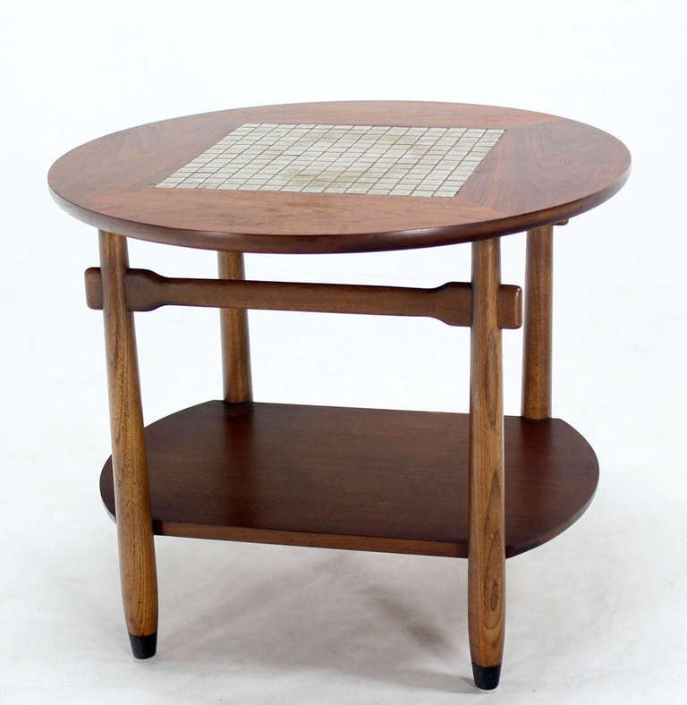 Mid-Century Modern Round Walnut Tile-Top End or Side Table 4
