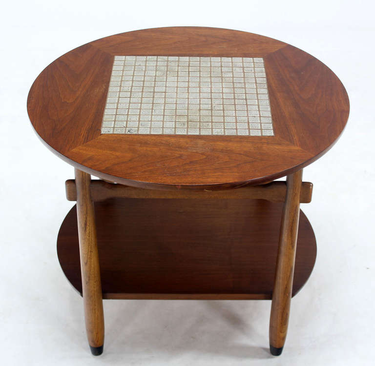 Mid-Century Modern Round Walnut Tile-Top End or Side Table 2