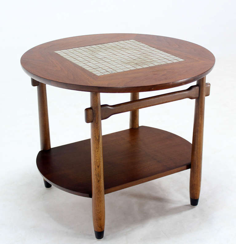 Mid-Century Modern Round Walnut Tile-Top End or Side Table 5