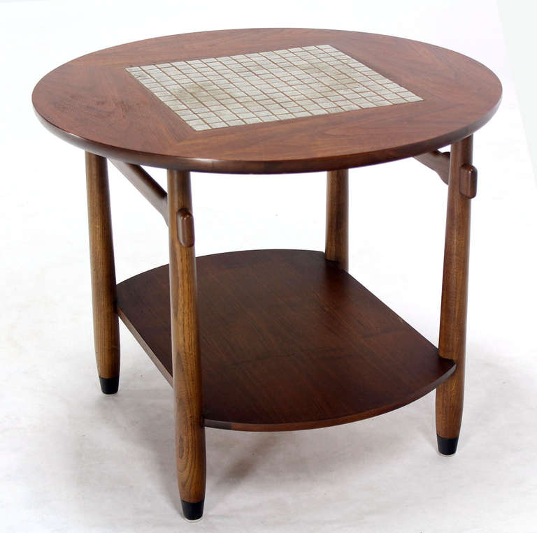 Mid-Century Modern Round Walnut Tile-Top End or Side Table 3