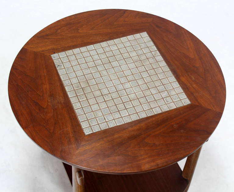 American Mid-Century Modern Round Walnut Tile-Top End or Side Table